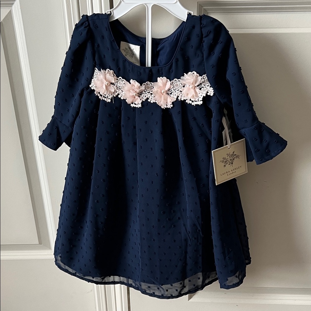 NWT Laura Ashley Size 24M Navy Blue Bell Sleeve Dot Dress & Pink Floral Accents
